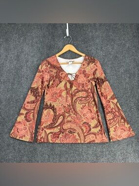 Obe Orange & Brown Paisley Tunic Top Women’s L Y2K Boho Fairy Grunge Made In USA